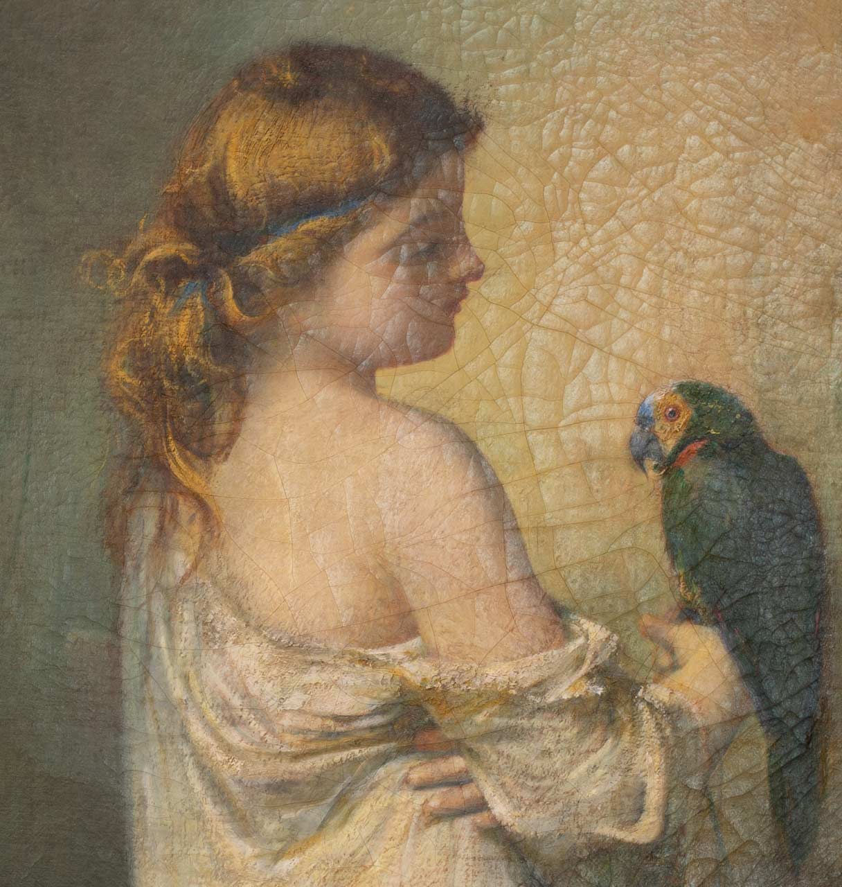 A portrait looking over the shoulder of a girl, holding a parrot on her hand.