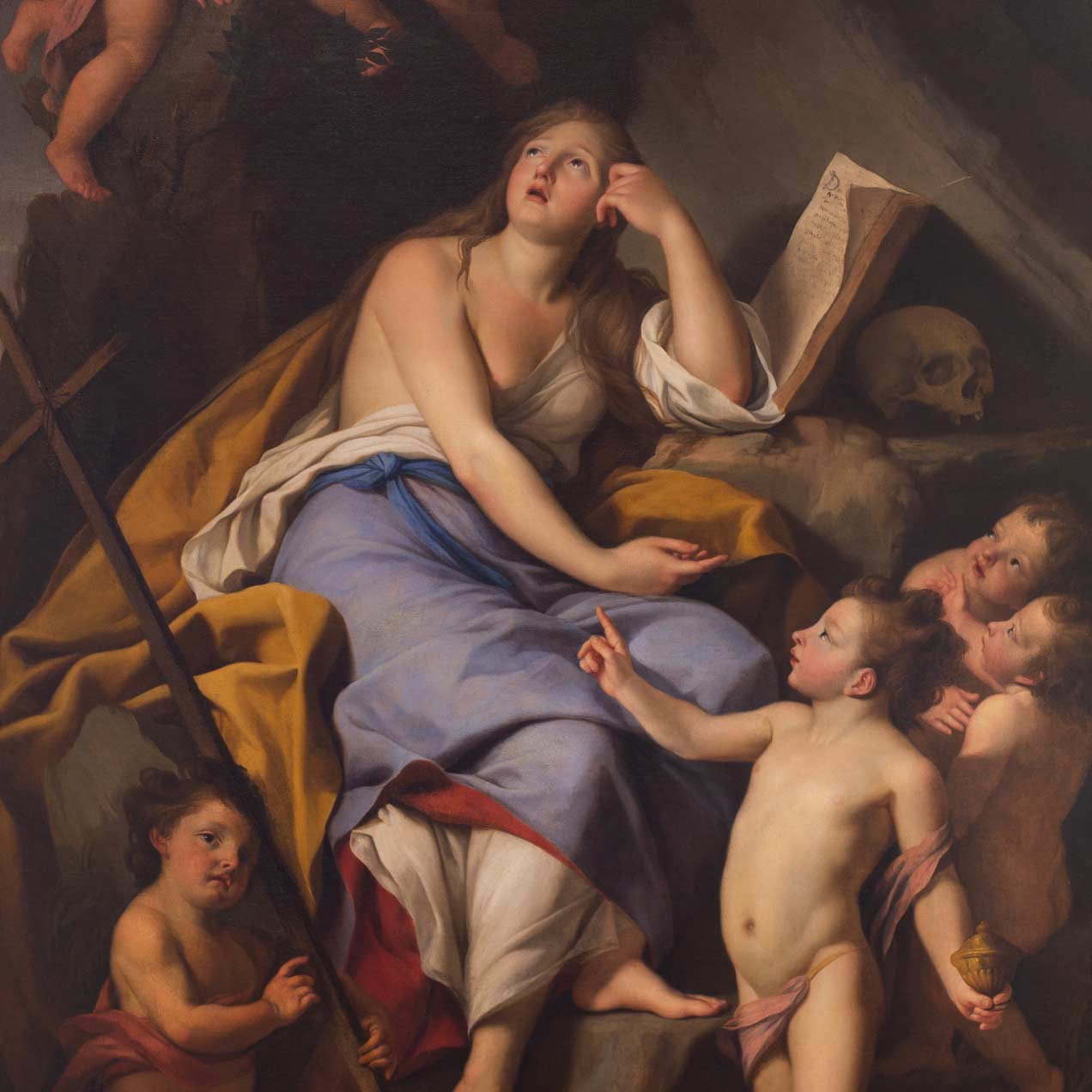 A painting of a woman in flowing clothing surrounded by four cherubs, looking up