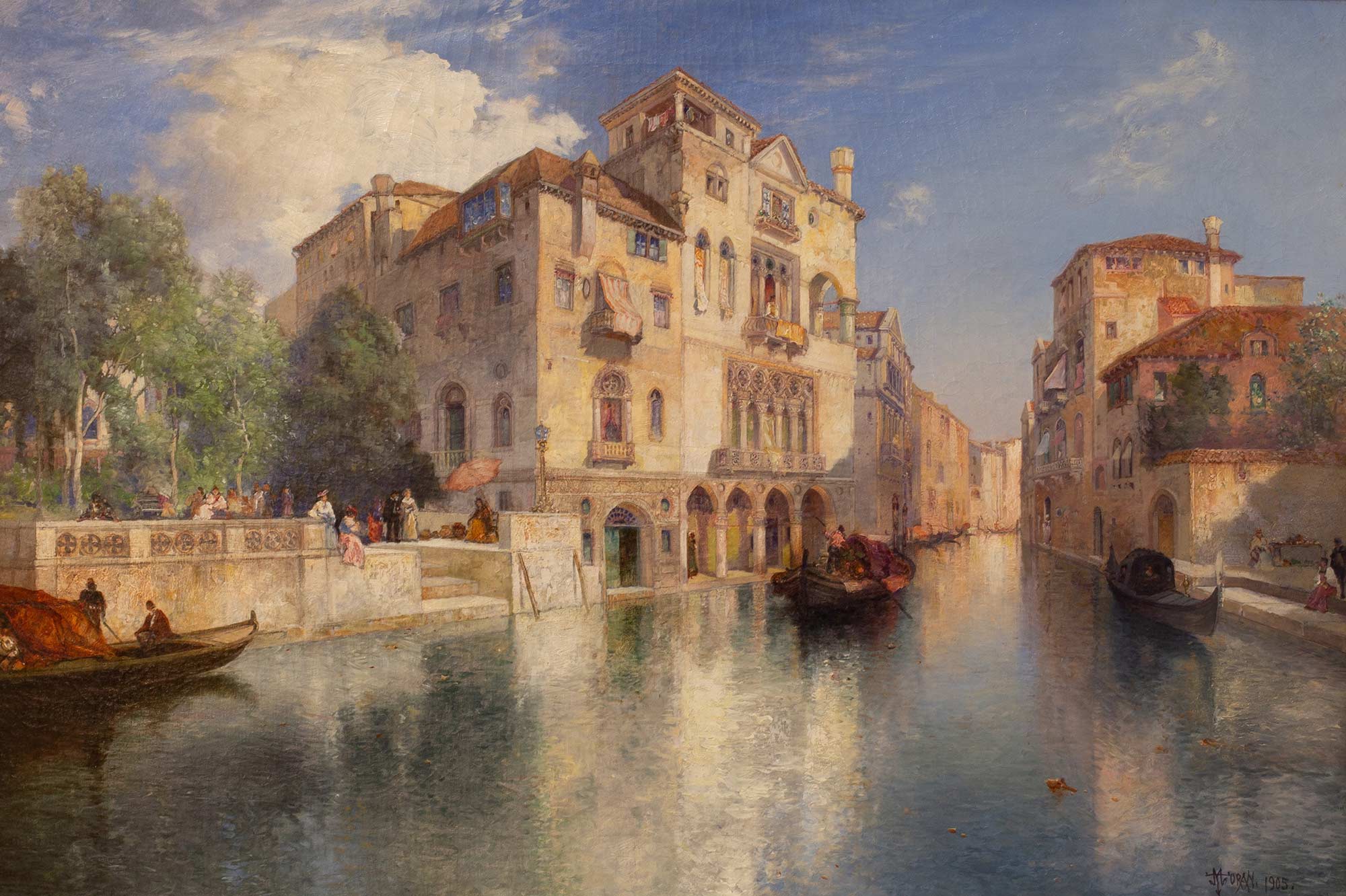 A painting of a river lined with buildings, with three gondolas on the water