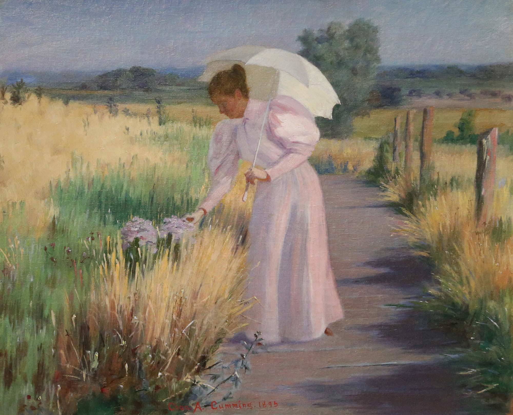 A painting of a woman in a flowing pink dress carrying a parasol, leaning down to touch flowers along a walkway.