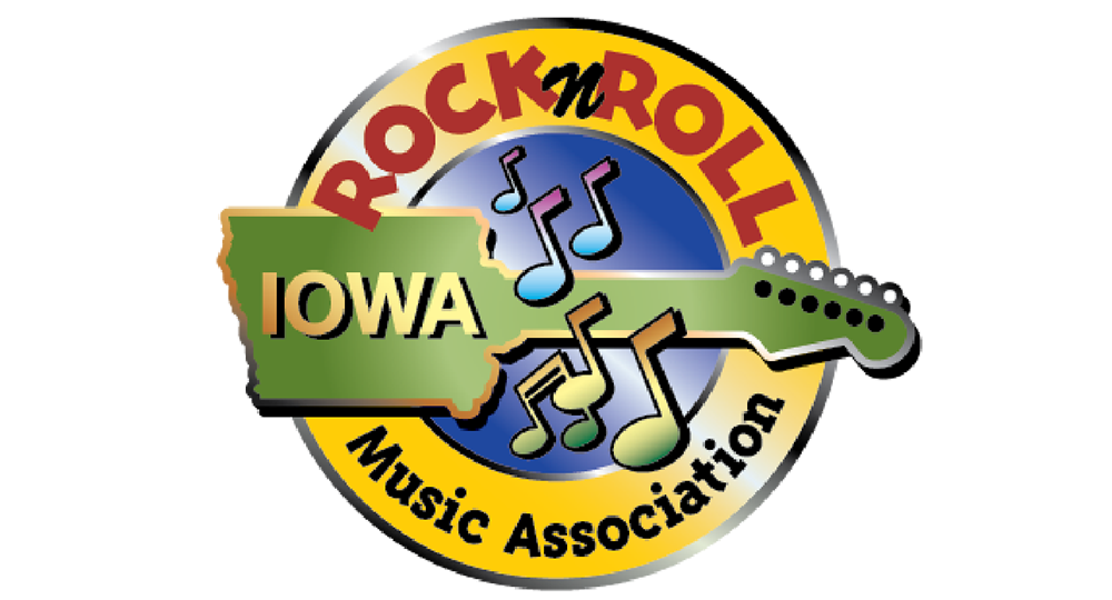 The Iowa Rock n Roll Music Association logo, with the state of Iowa forming the base of a guitar and music notes