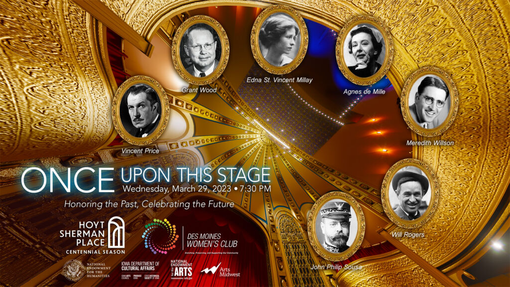 once upon this stage artwork with headshots of Grant Wood Vincent Price Meredith Willson Agnes de Mille John Philip Sousa Will Rogers Edna St. Vincent Millay