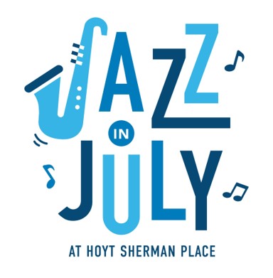 jazz in july text with music notes and saxophone
