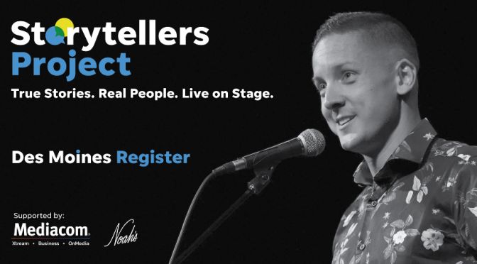 storyteller project true stories real people live on stage man speaking at a microphone